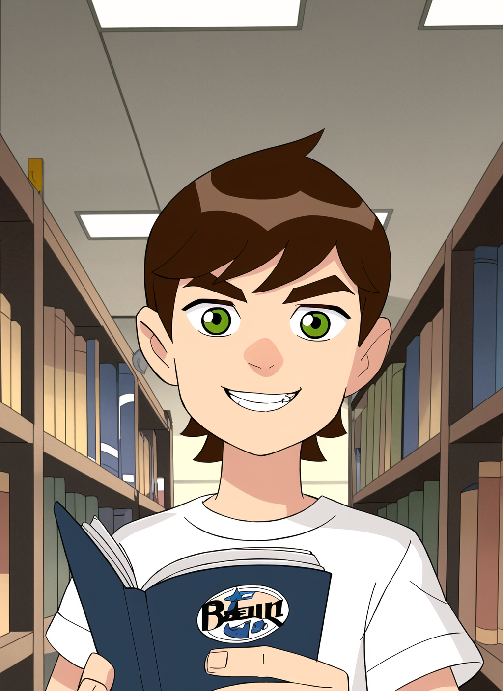 3978527173-4103664848-ben10, solo, brown hair, green eyes, male focus, 1boy, smile, indoors, shirt, bookshelf, short hair, white shirt, book, grin, ba.png